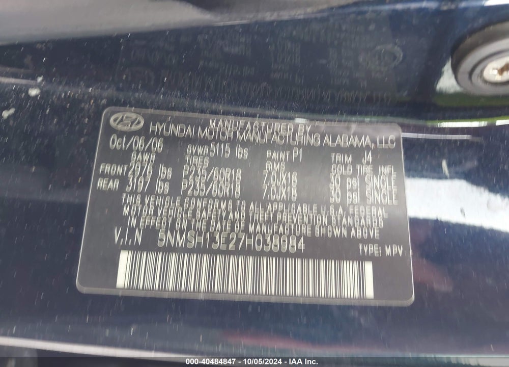 2007 HYUNDAI SANTA FE LIMITED/SE VIN: 5NMSH13E27H038984