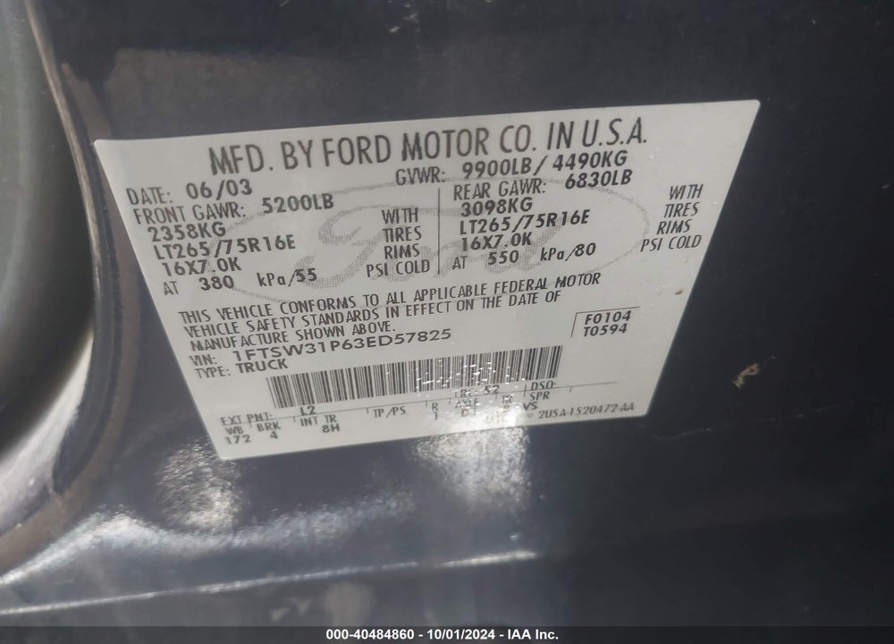 2003 FORD F-350 LARIAT/XL/XLT VIN: 1FTSW31P63ED57825