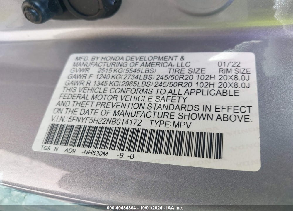 2022 HONDA PILOT 2WD SPECIAL EDITION VIN: 5FNYF5H22NB014172