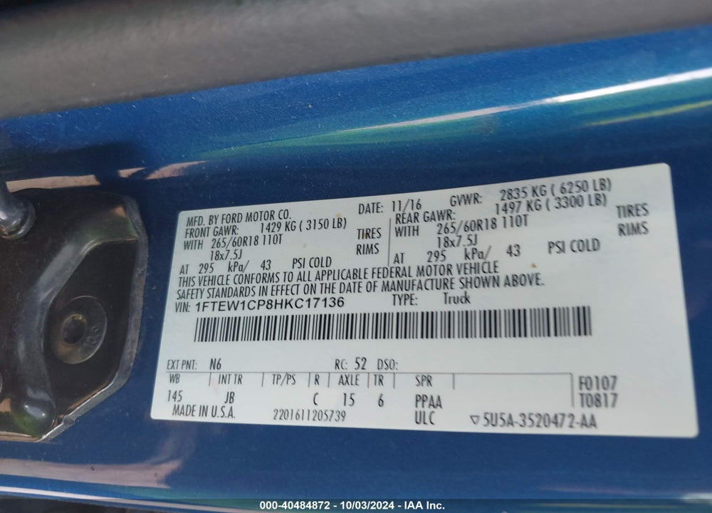 2017 FORD F-150 XLT VIN: 1FTEW1CP8HKC17136