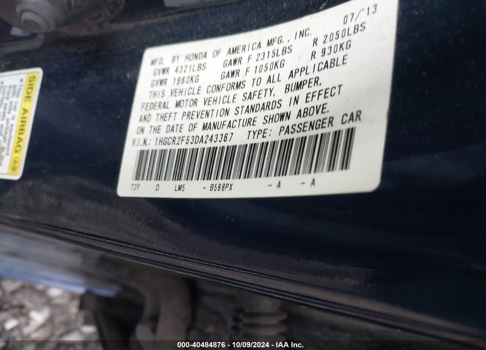 2013 HONDA ACCORD SPORT VIN: 1HGCR2F53DA243367