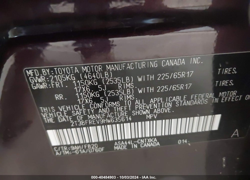 2017 TOYOTA RAV4 LE VIN: 2T3BFREV9HW635614