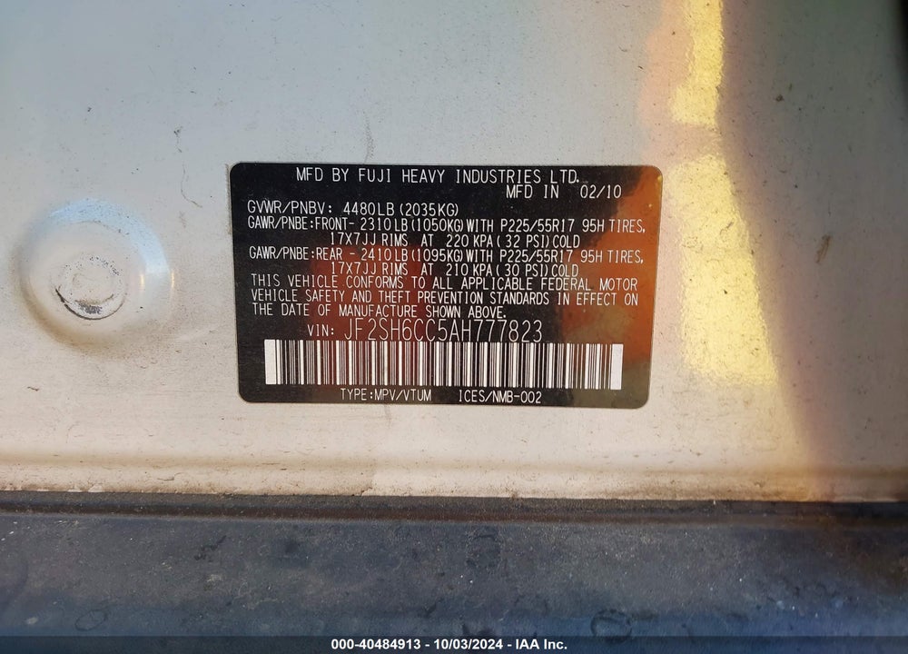 2010 SUBARU FORESTER 2.5X PREMIUM VIN: JF2SH6CC5AH777823