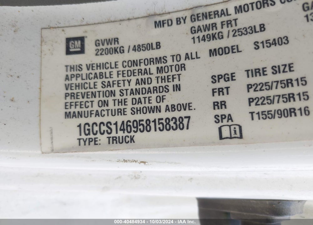 2005 CHEVROLET COLORADO LS VIN: 1GCCS146958158387