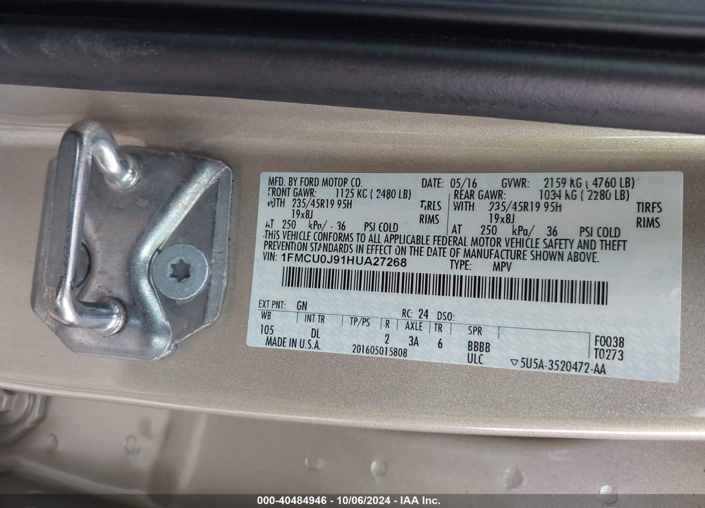 2017 FORD ESCAPE TITANIUM VIN: 1FMCU0J91HUA27268