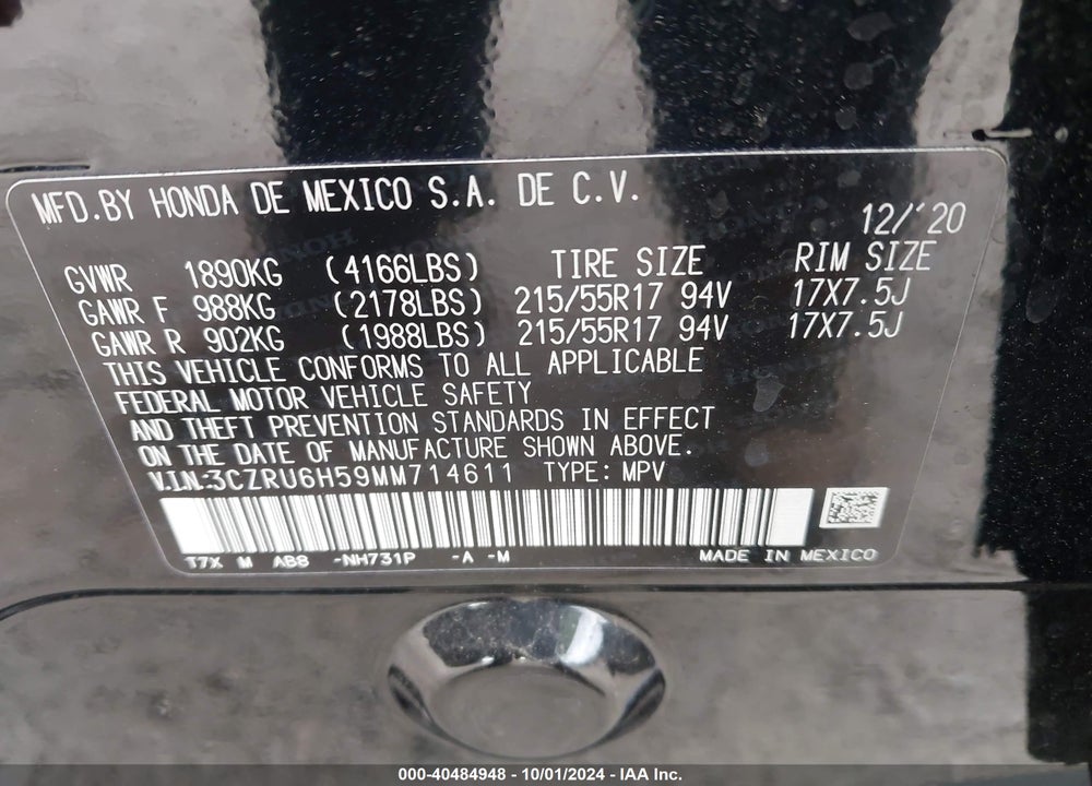 2021 HONDA HR-V AWD EX VIN: 3CZRU6H59MM714611