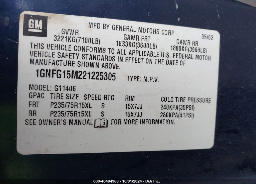 2002 CHEVROLET EXPRESS VIN: 1GNFG15M221225306