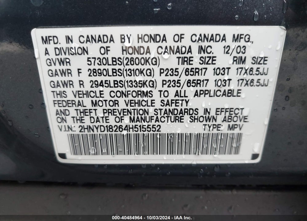2004 ACURA MDX VIN: 2HNYD18264H515552