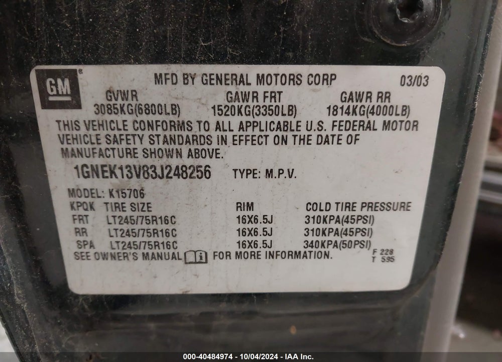 2003 CHEVROLET TAHOE LS VIN: 1GNEK13V83J248256