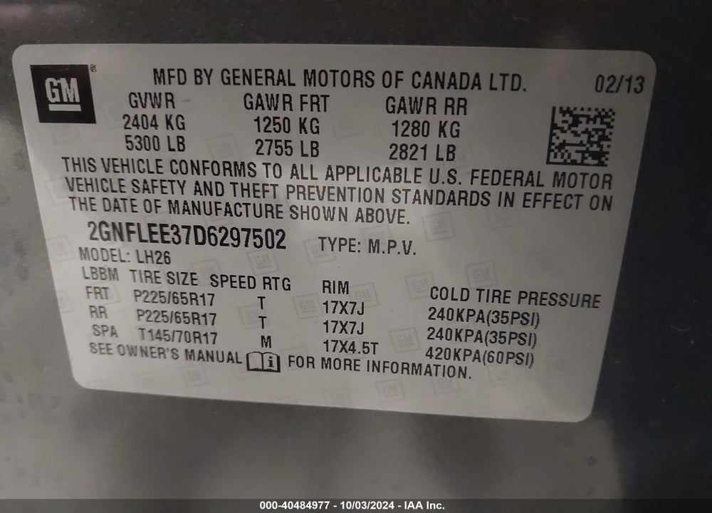2013 CHEVROLET EQUINOX 1LT VIN: 2GNFLEE37D6297502
