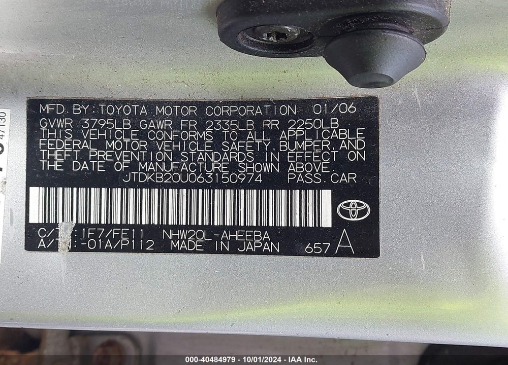 2006 TOYOTA PRIUS VIN: JTDKB20U063150974