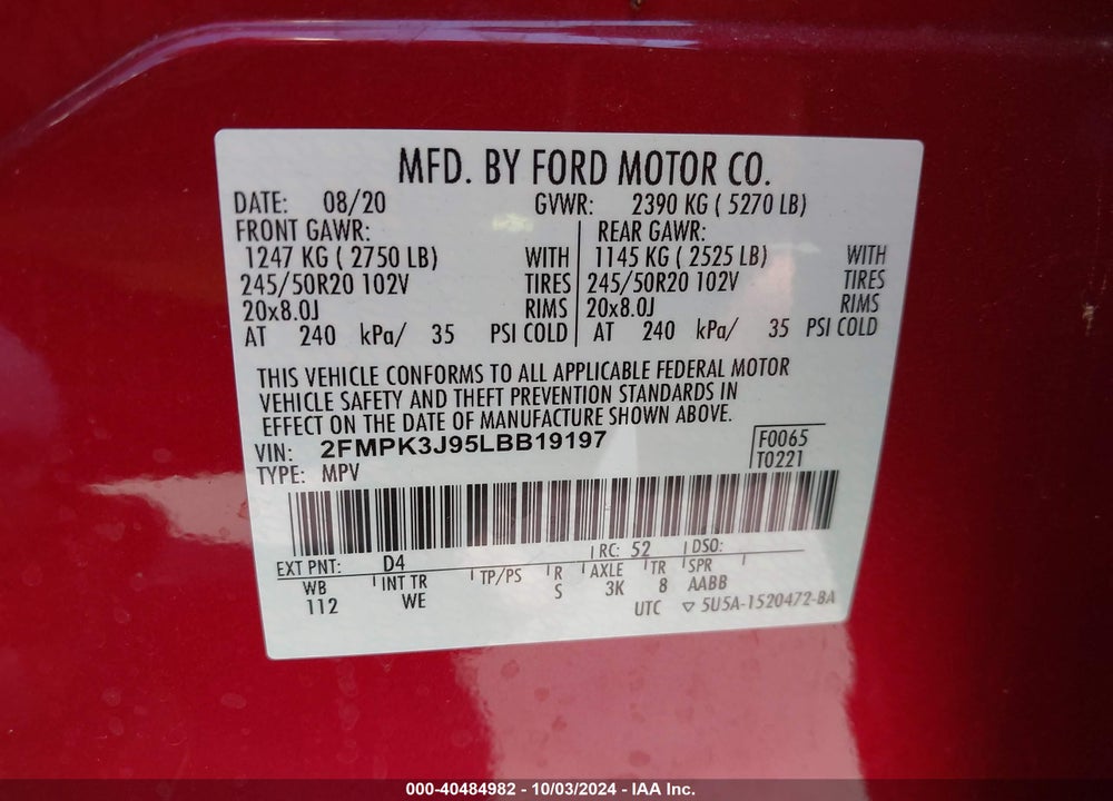 2020 FORD EDGE ST-LINE VIN: 2FMPK3J95LBB19197