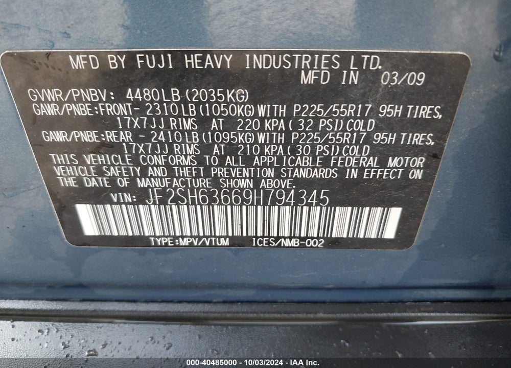 2009 SUBARU FORESTER 2.5X VIN: JF2SH63669H794345