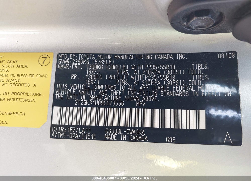 2009 LEXUS RX 350 VIN: 2T2GK31U09C073556