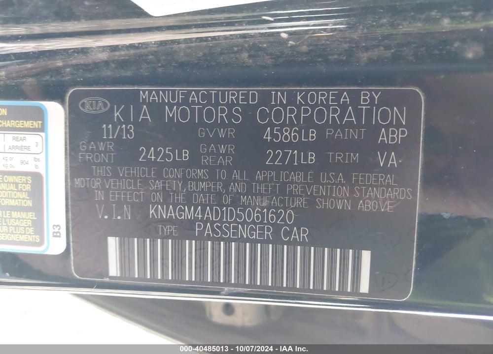 2013 KIA OPTIMA HYBRID LX VIN: KNAGM4AD1D5061620