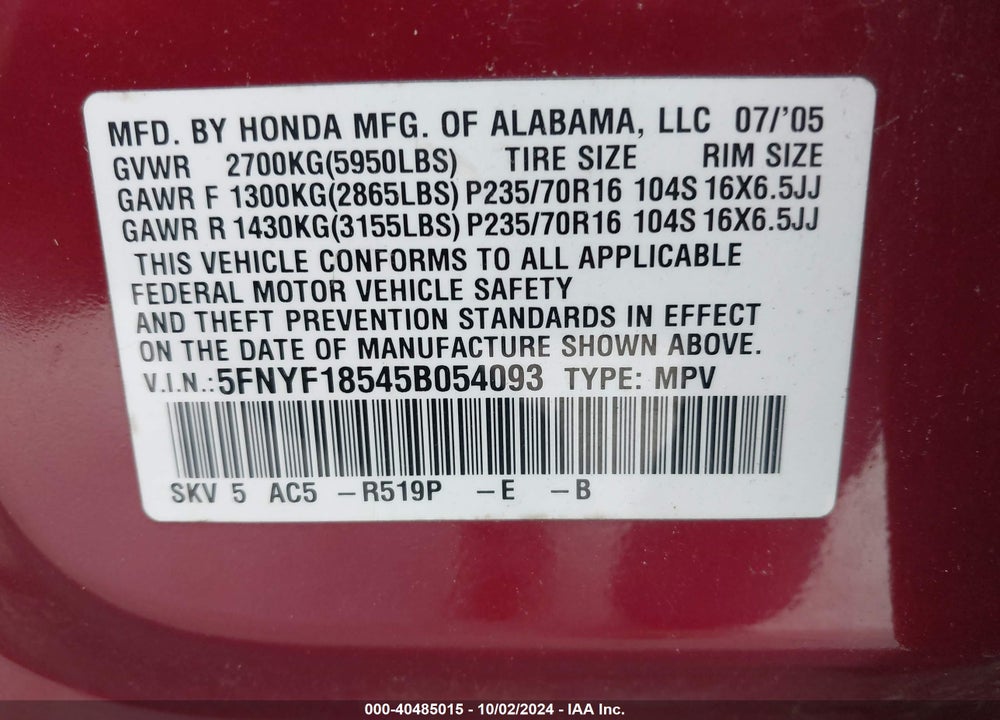 2005 HONDA PILOT EX-L VIN: 5FNYF18545B054093