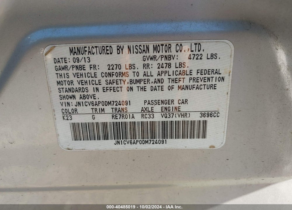 2013 INFINITI G37 JOURNEY VIN: JN1CV6AP0DM724091