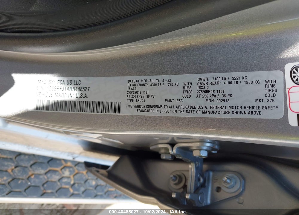 2022 RAM 1500 VIN: 1C6SRFJT4NN448527