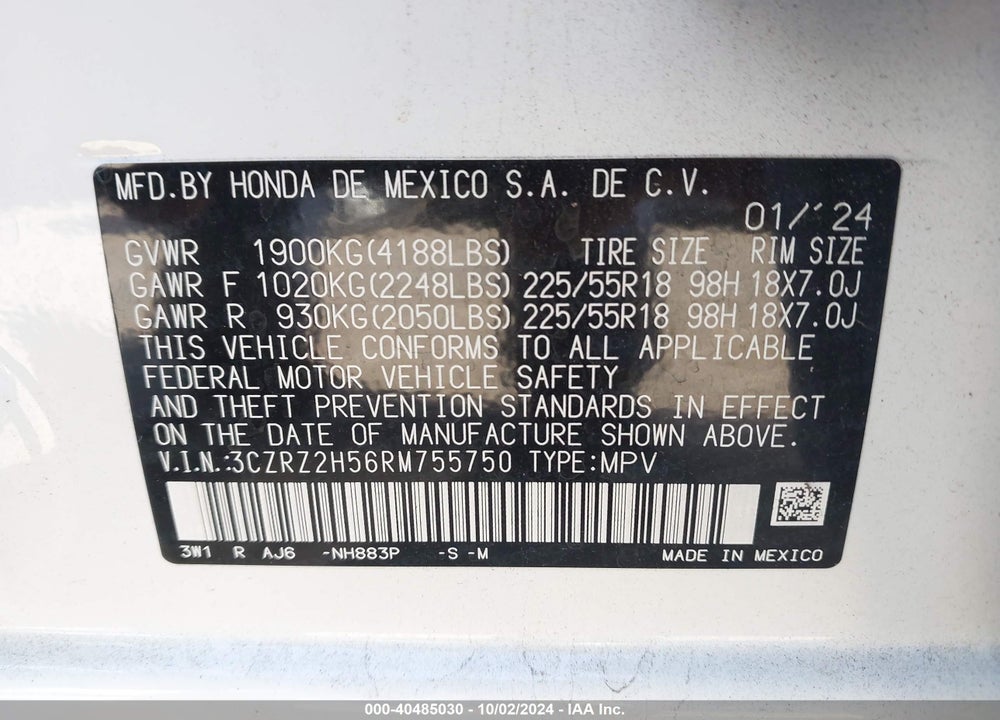 2024 HONDA HR-V SPORT VIN: 3CZRZ2H56RM755750