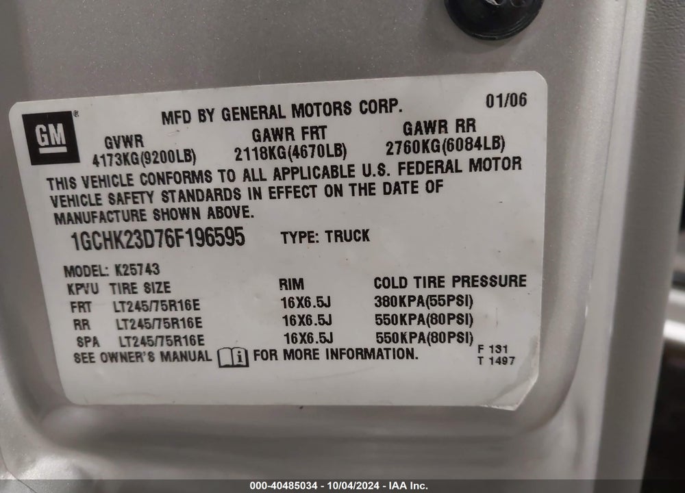 2006 CHEVROLET SILVERADO 2500HD LT3 VIN: 1GCHK23D76F196595