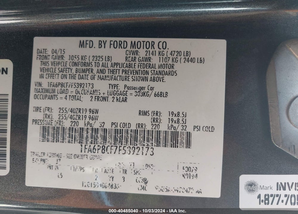 2015 FORD MUSTANG GT PREMIUM VIN: 1FA6P8CF7F5392173