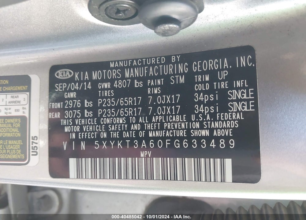 2015 KIA SORENTO LX VIN: 5XYKT3A60FG633489