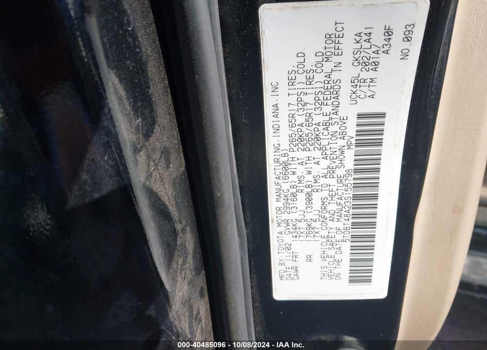 2003 TOYOTA SEQUOIA LIMITED V8 VIN: 5TDBT48A23S155798