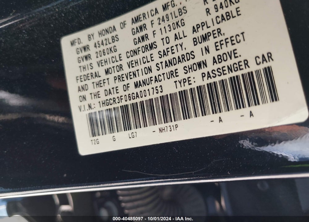 2016 HONDA ACCORD EX-L V-6 VIN: 1HGCR3F06GA001753