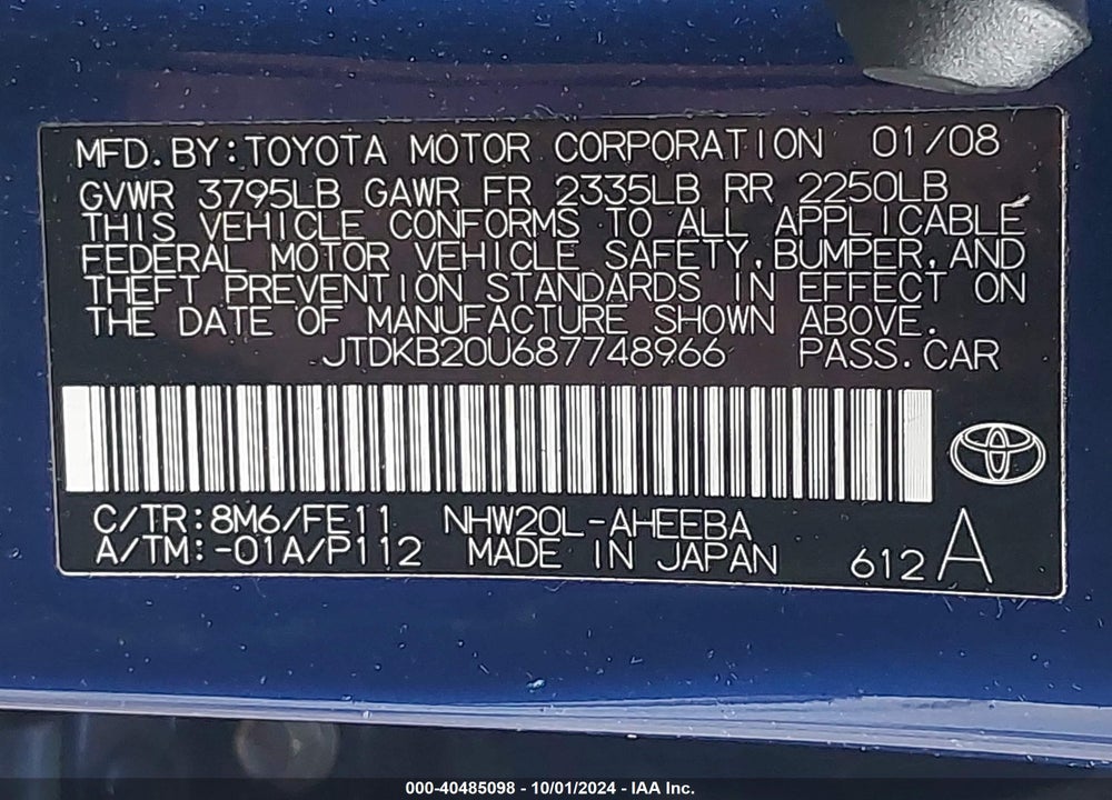 2008 TOYOTA PRIUS VIN: JTDKB20U687748966