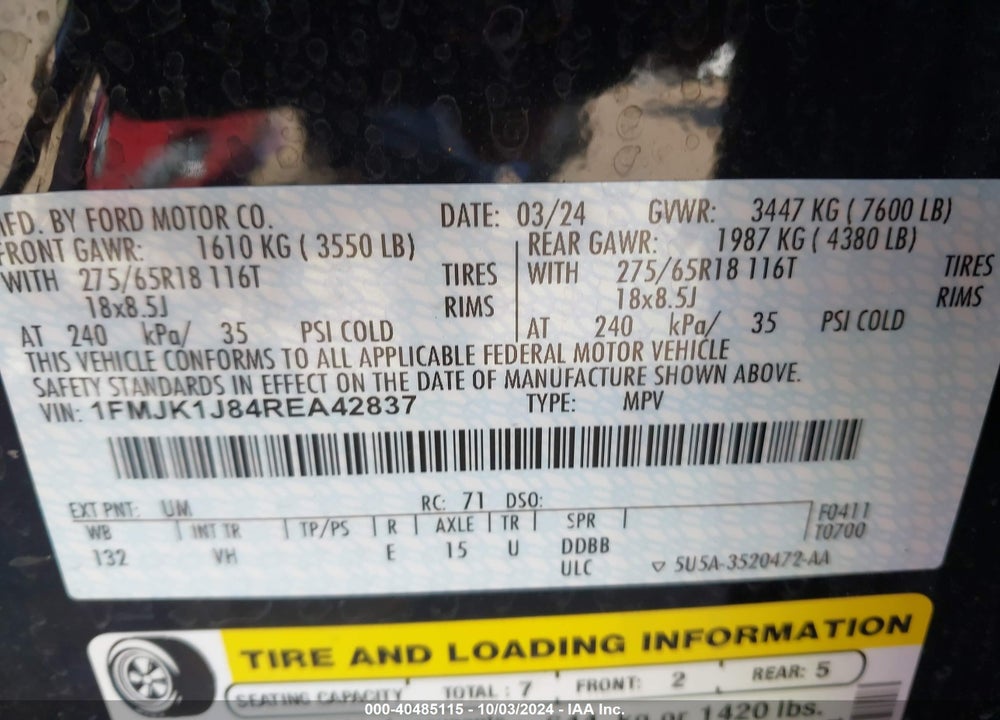 2024 FORD EXPEDITION XLT MAX VIN: 1FMJK1J84REA42837