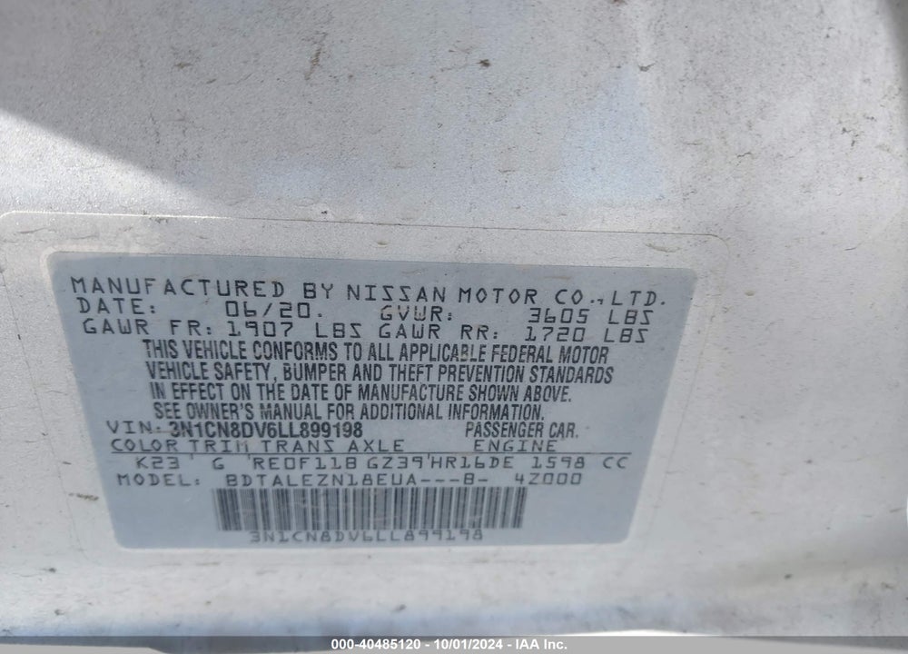2020 NISSAN VERSA VIN: 3N1CN8DV6LL899198
