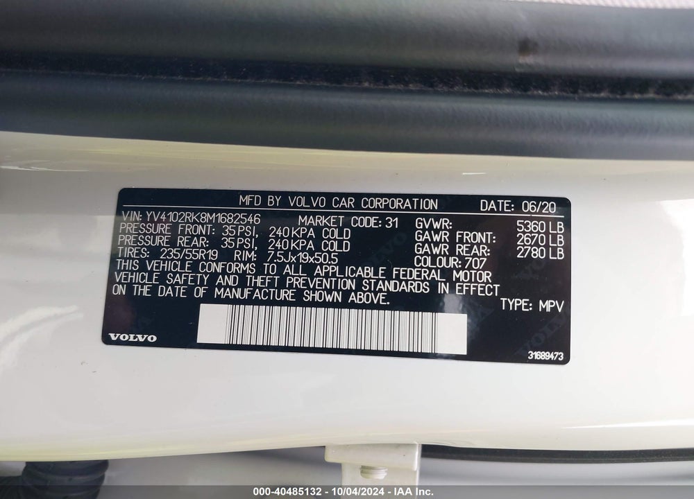 2021 VOLVO XC60 T5 MOMENTUM VIN: YV4102RK8M1682546