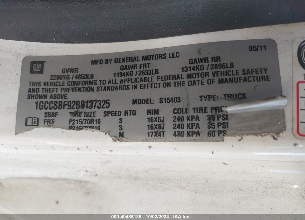 2011 CHEVROLET COLORADO WORK TRUCK VIN: 1GCCSBF92B8137325