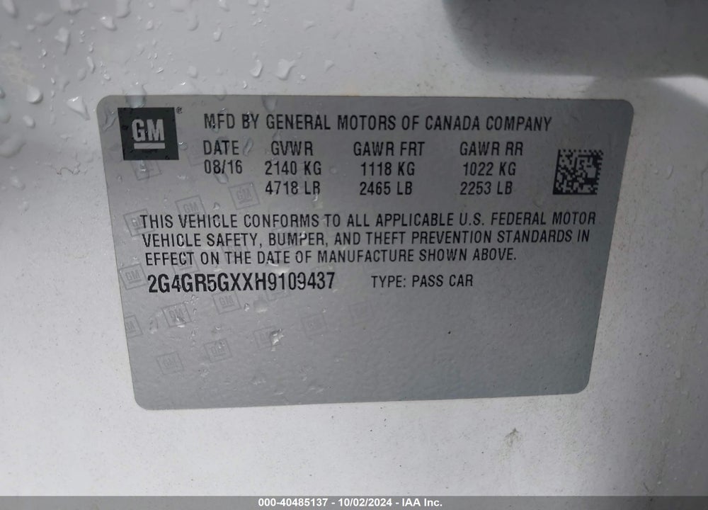 2017 BUICK REGAL TURBO PREMIUM II VIN: 2G4GR5GXXH9109437
