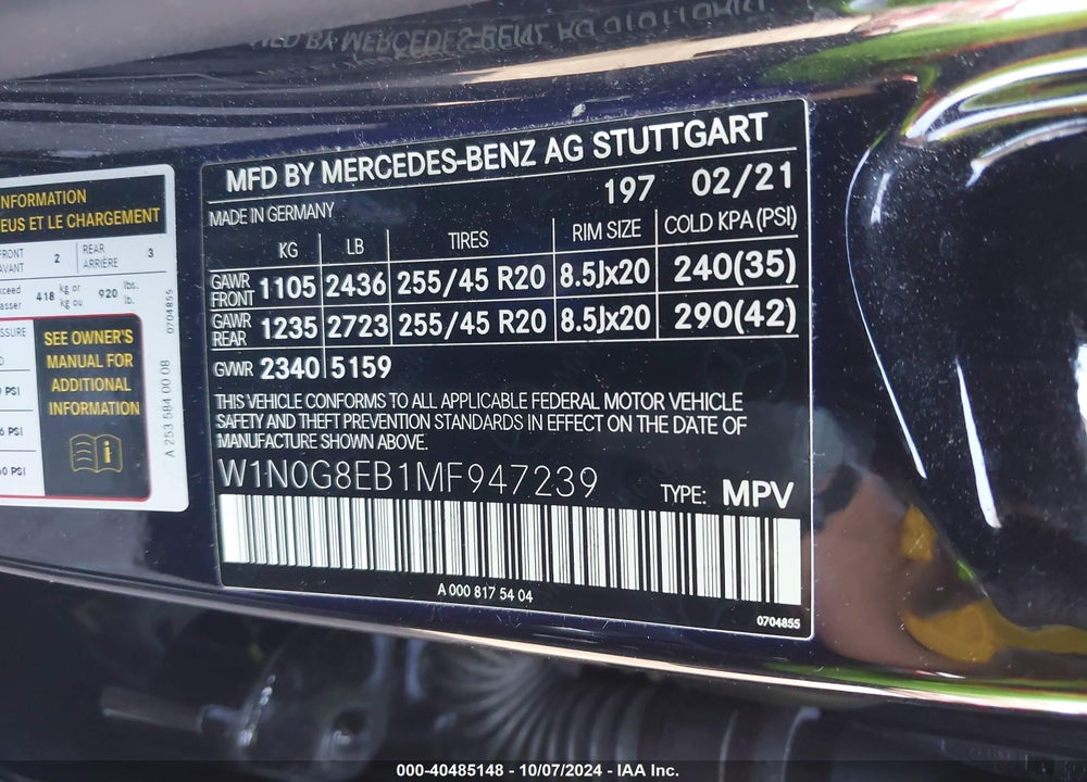 2021 MERCEDES-BENZ GLC 300 4MATIC SUV VIN: W1N0G8EB1MF947239