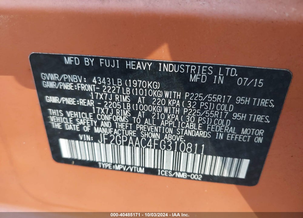 2015 SUBARU XV CROSSTREK 2.0I VIN: JF2GPAAC4FG310811