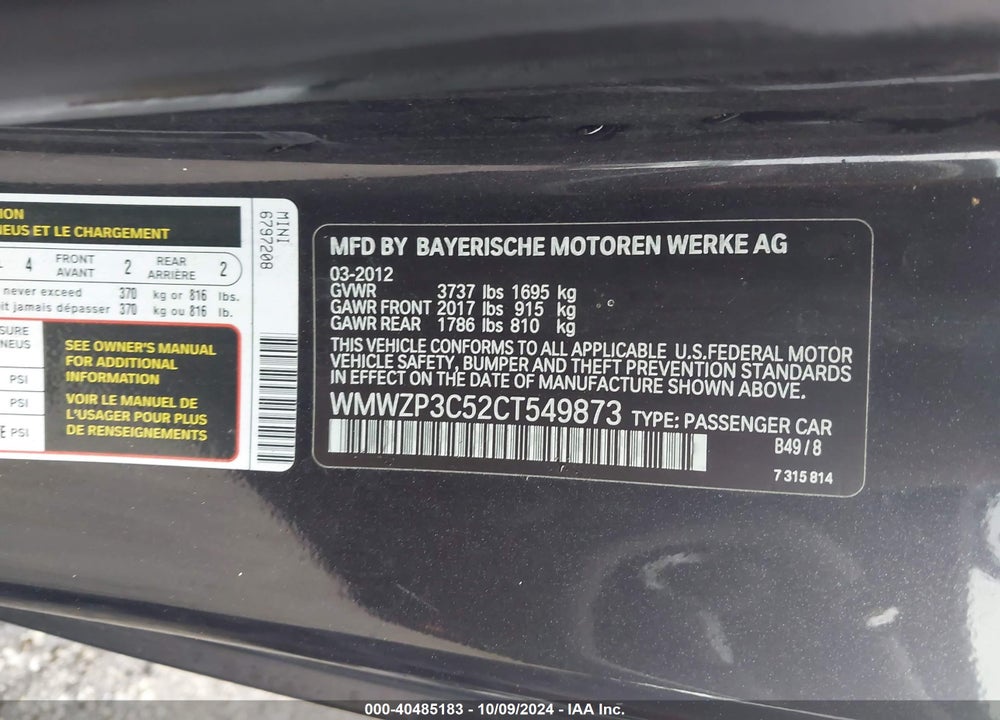 2012 MINI COOPER S VIN: WMWZP3C52CT549873
