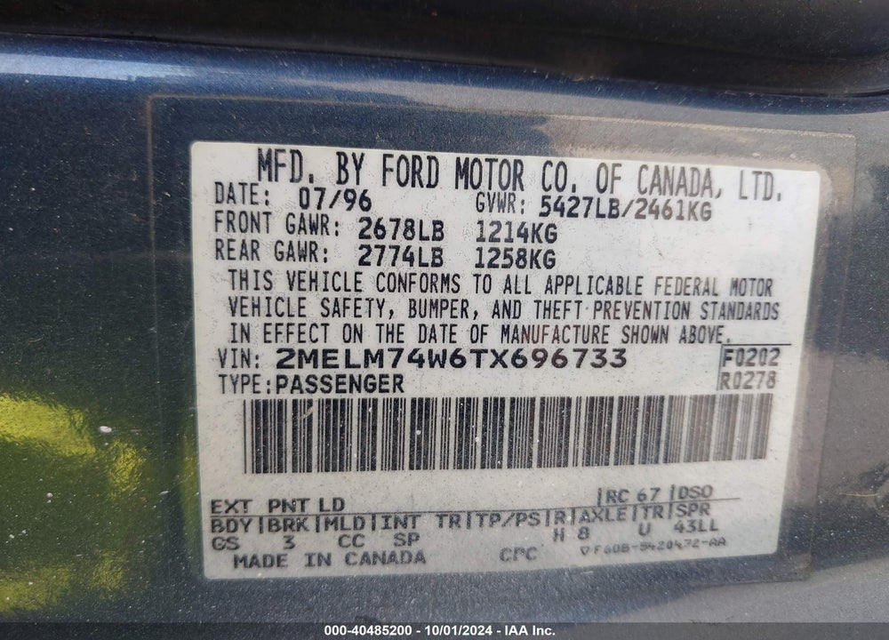 1996 MERCURY GRAND MARQUIS GS VIN: 2MELM74W6TX696733