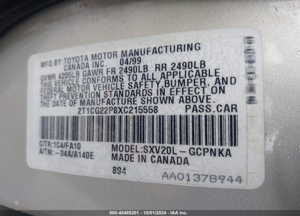 1999 TOYOTA CAMRY SOLARA VIN: 2T1CG22P8XC215558