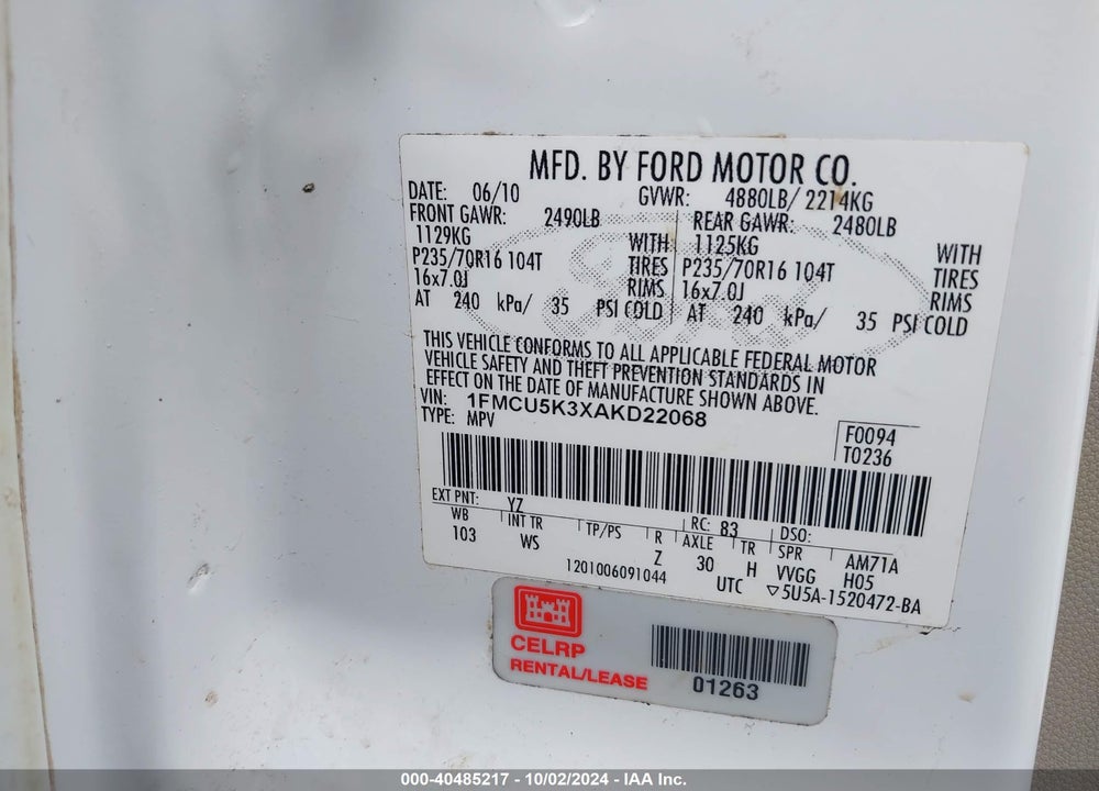2010 FORD ESCAPE HYBRID LIMITED VIN: 1FMCU5K3XAKD22068