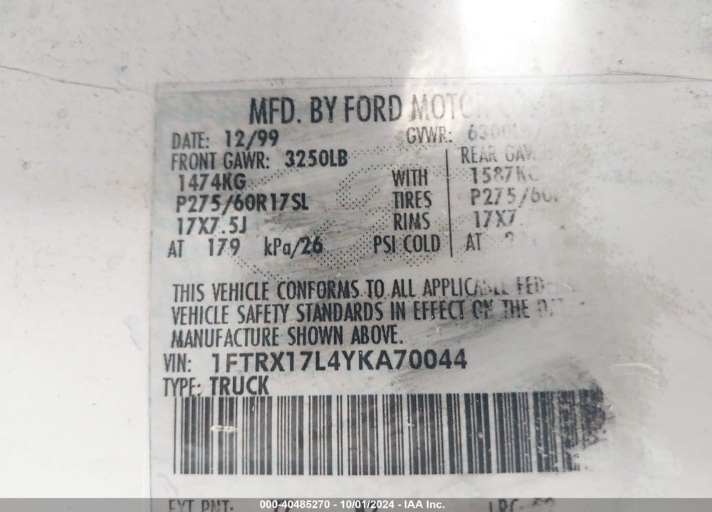 2000 FORD F-150 LARIAT/WORK SERIES/XL/XLT VIN: 1FTRX17L4YKA70044