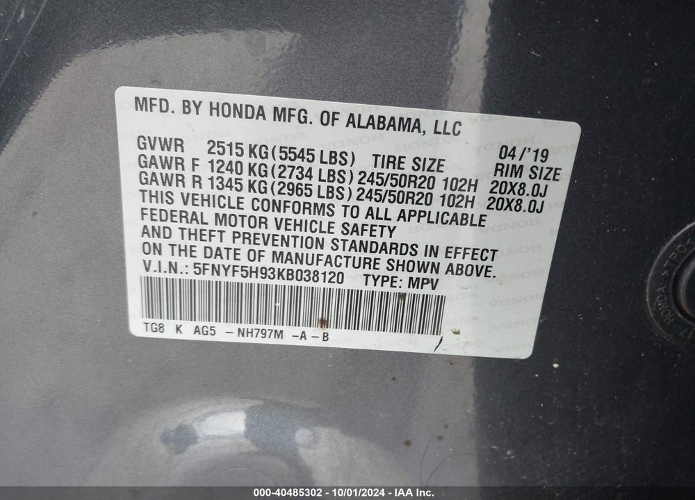 2019 HONDA PILOT TOURING VIN: 5FNYF5H93KB038120