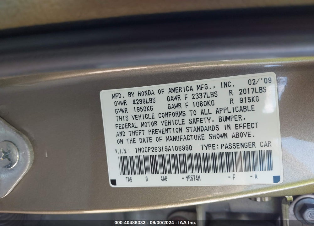 2009 HONDA ACCORD 2.4 LX VIN: 1HGCP26319A106990