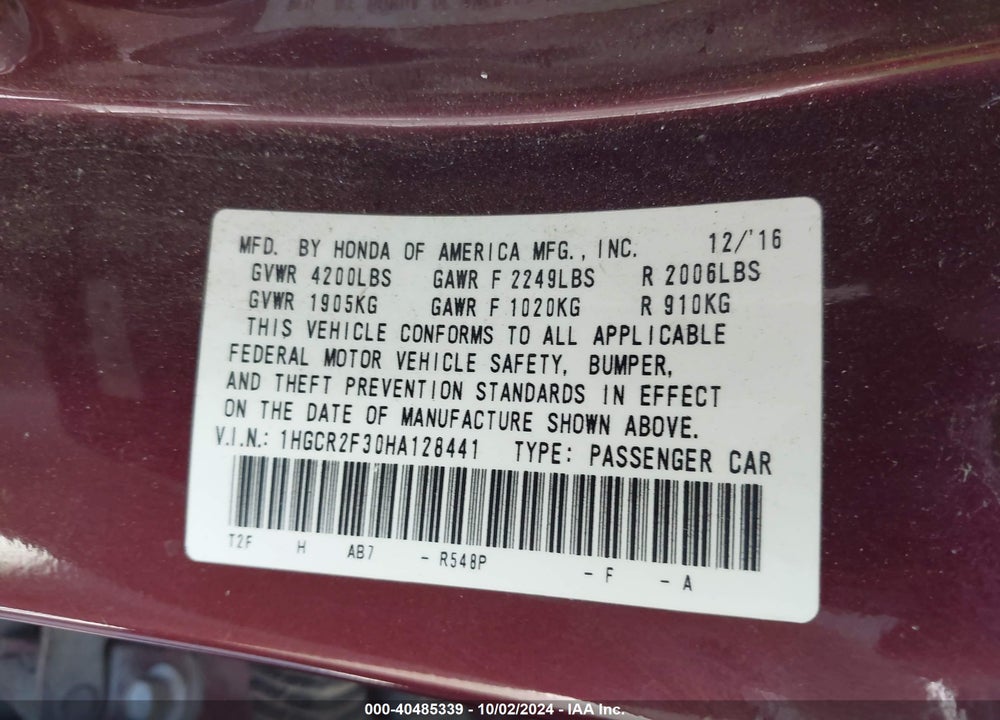 2017 HONDA ACCORD LX VIN: 1HGCR2F30HA128441
