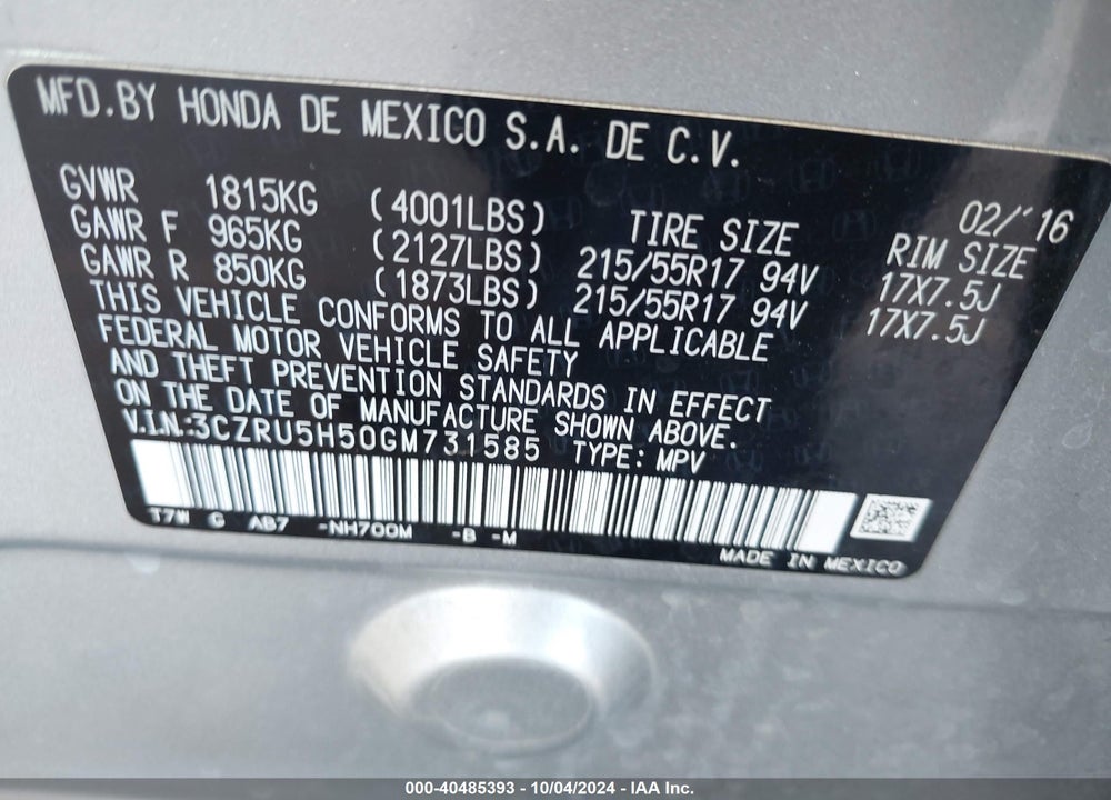 2016 HONDA HR-V EX VIN: 3CZRU5H50GM731585