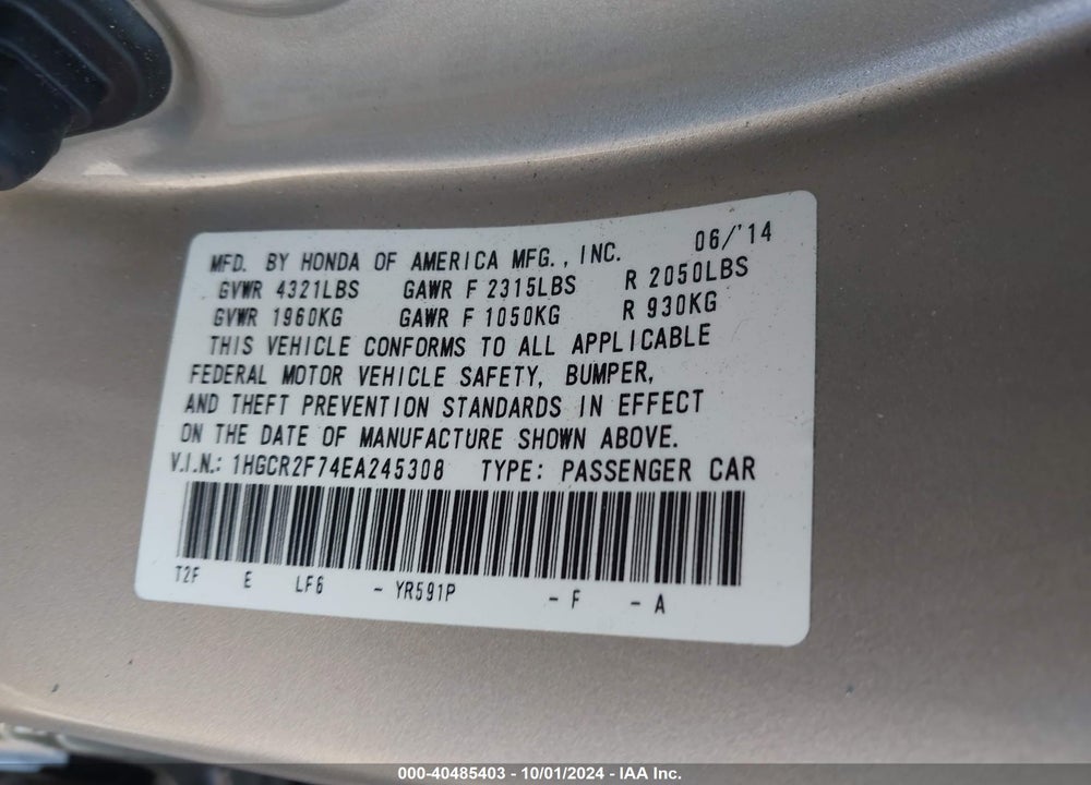2014 HONDA ACCORD EX VIN: 1HGCR2F74EA245308