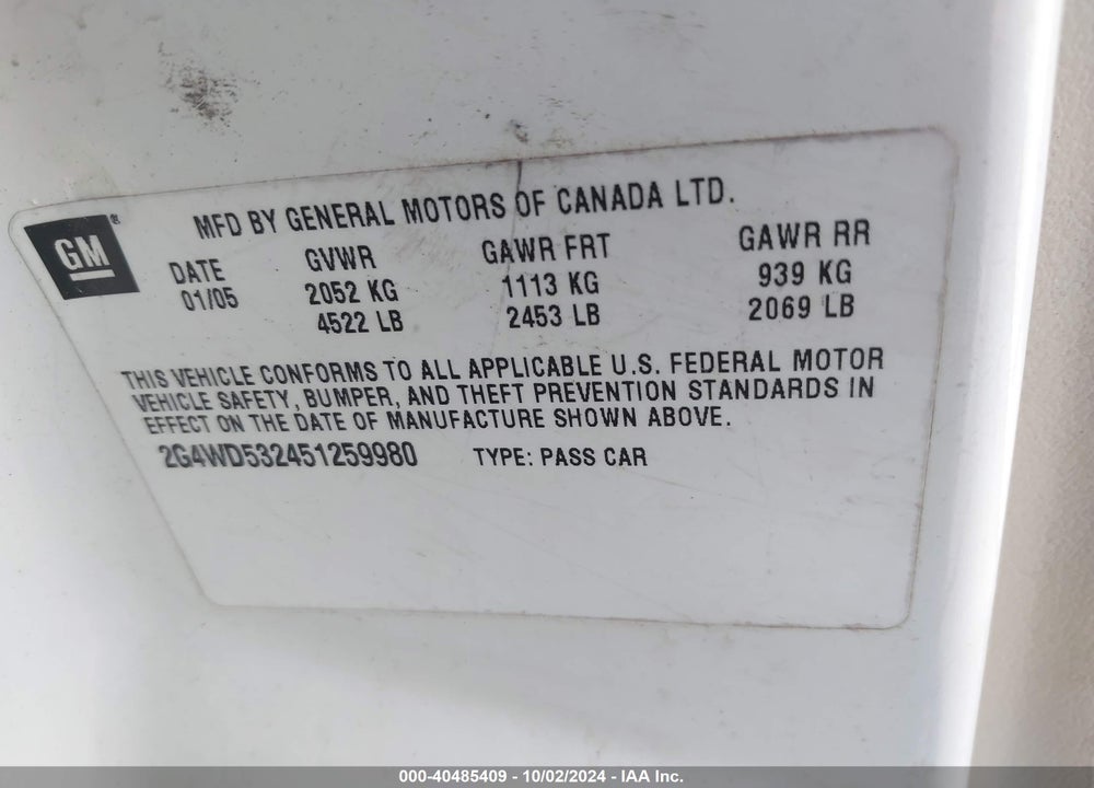 2005 BUICK LACROSSE CXL VIN: 2G4WD532451259980