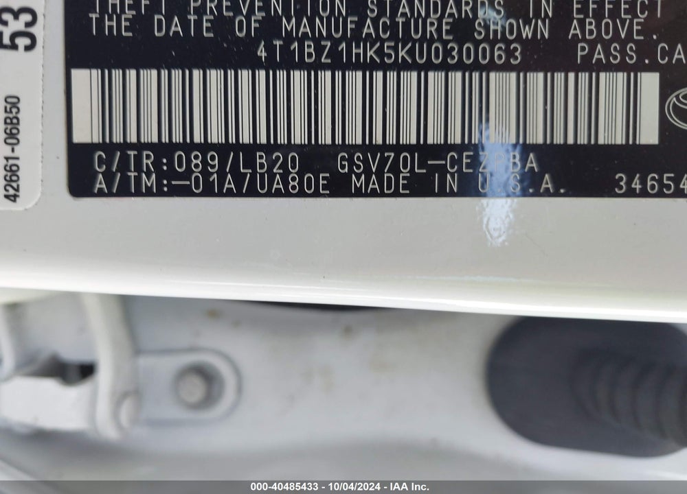 2019 TOYOTA CAMRY XSE V6 VIN: 4T1BZ1HK5KU030063