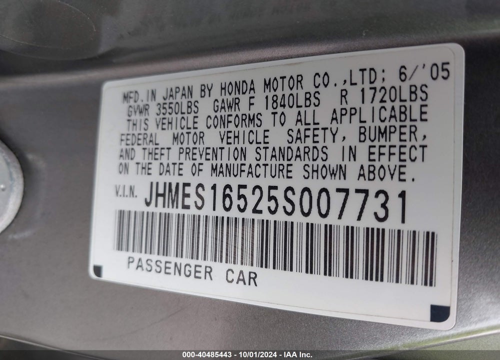 2005 HONDA CIVIC LX VIN: JHMES16525S007731