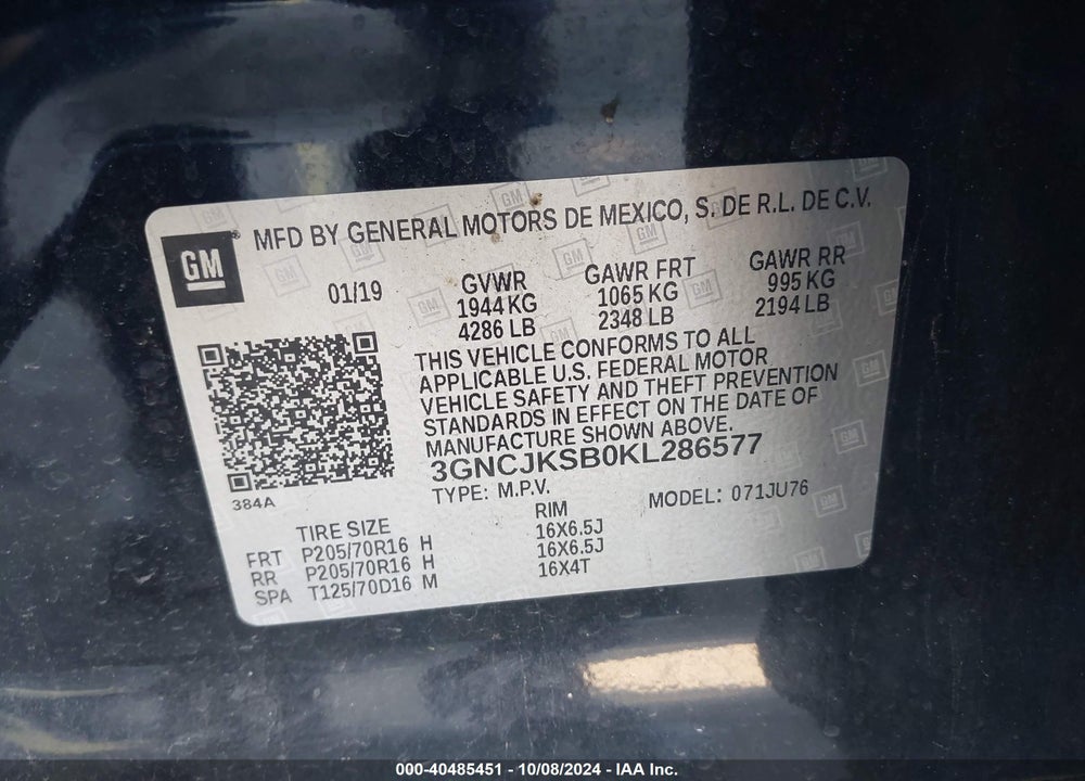2019 CHEVROLET TRAX LS VIN: 3GNCJKSB0KL286577